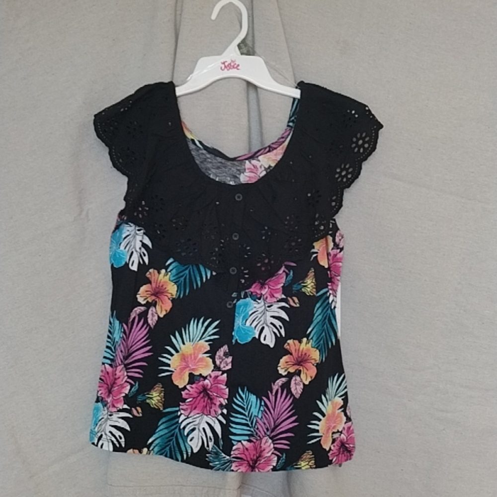 NEW Justice floral tank with black ruffle neckline